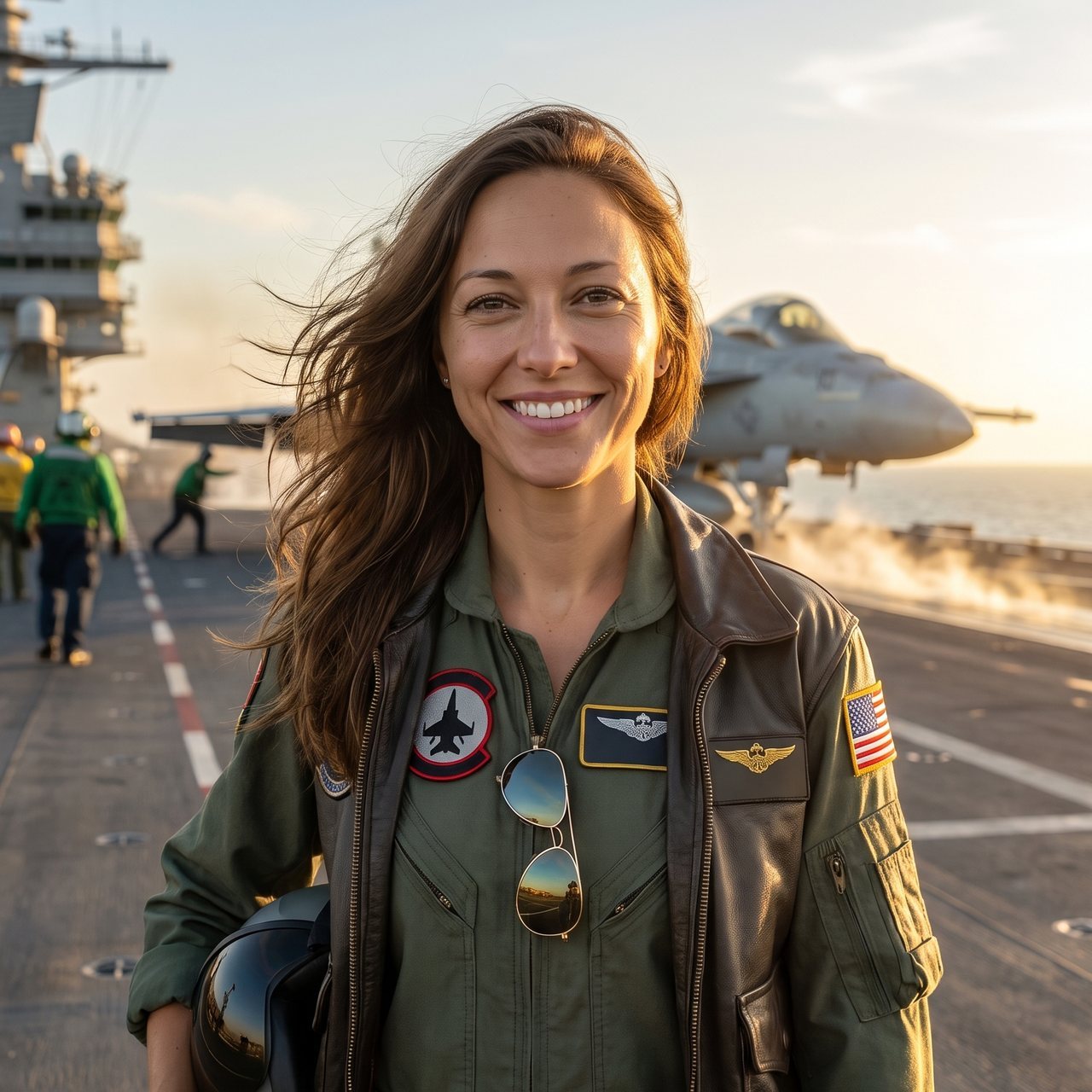 A guest in a flight jacket holding a helmet on an aircraft-carrier deck at golden hour