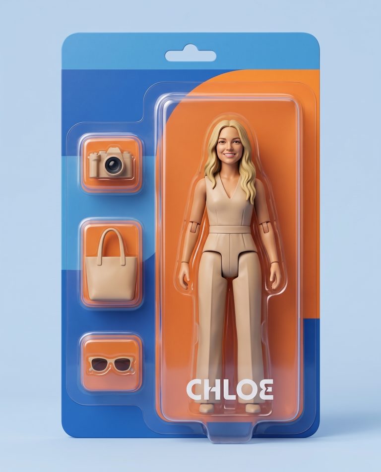 A guest is rendered as an action figure sealed in a blister pack.