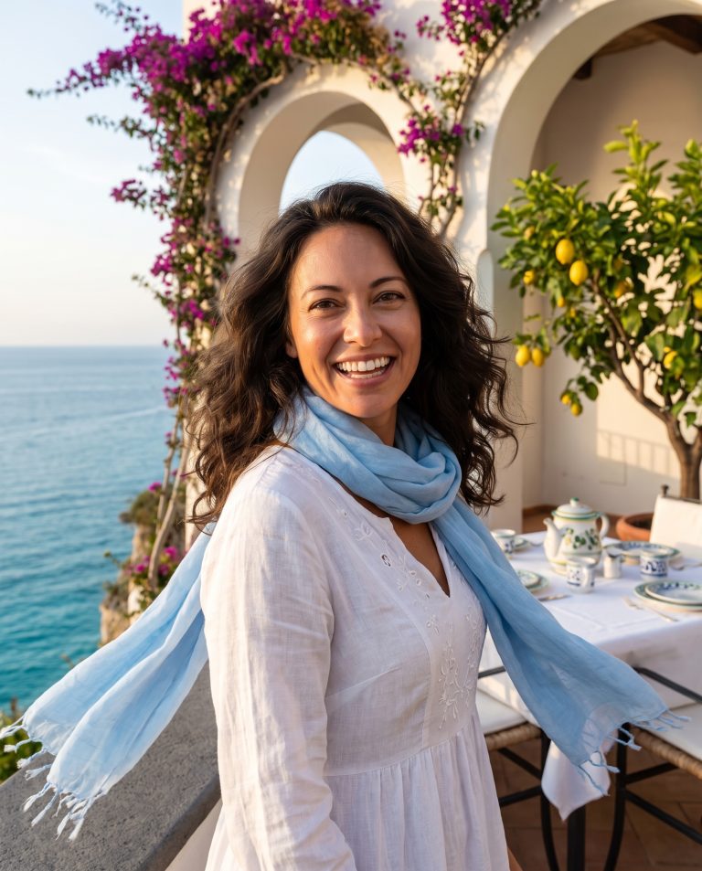 A guest stands on a sunlit clifftop terrace above the Mediterranean, whitewashed arches draped in bougainvillea.