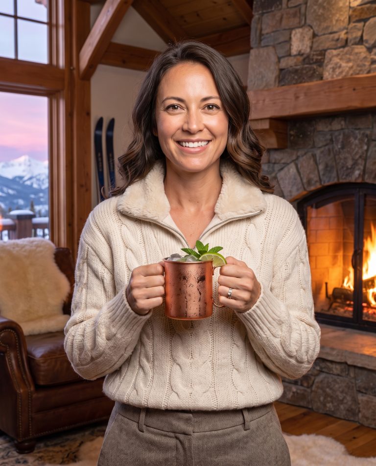 A guest is in a grand alpine lodge great room just after last chair, a massive stone fireplace throwing a roaring fire.