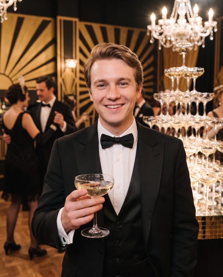 A guest is inside a soaring Art Deco ballroom at the height of a glittering party.