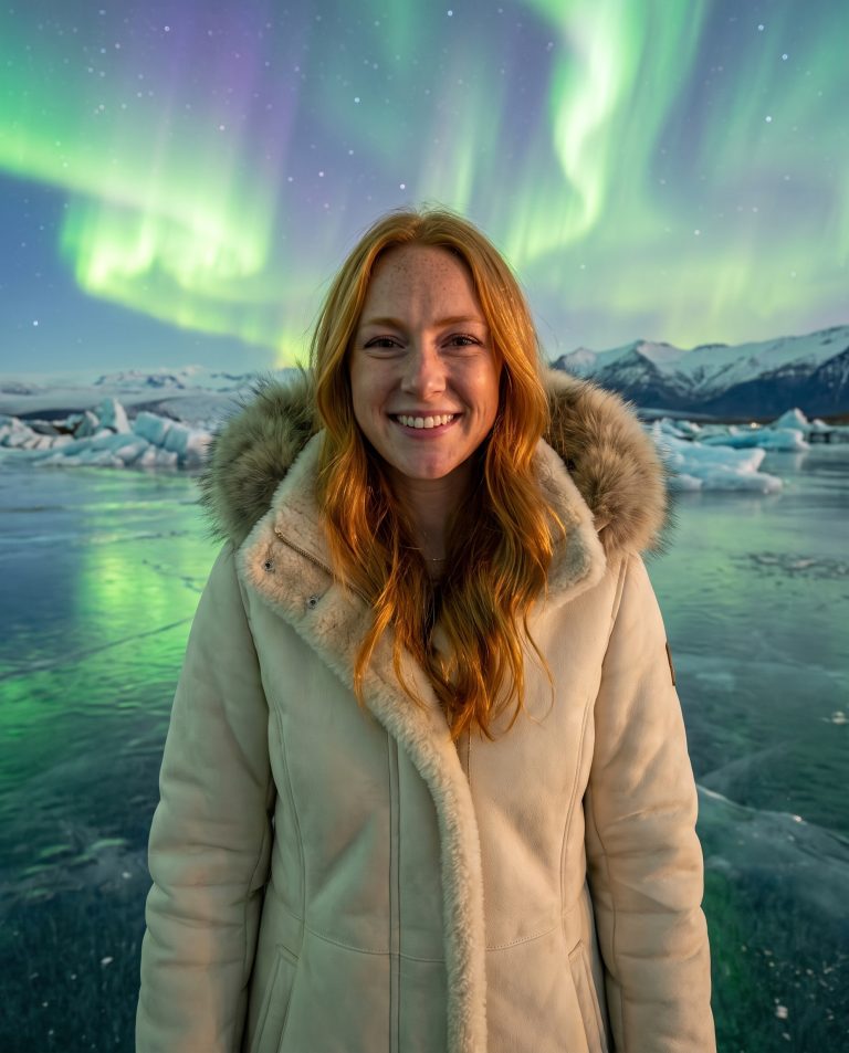 A guest stands on a vast frozen lake under a sky torn open by the aurora borealis.