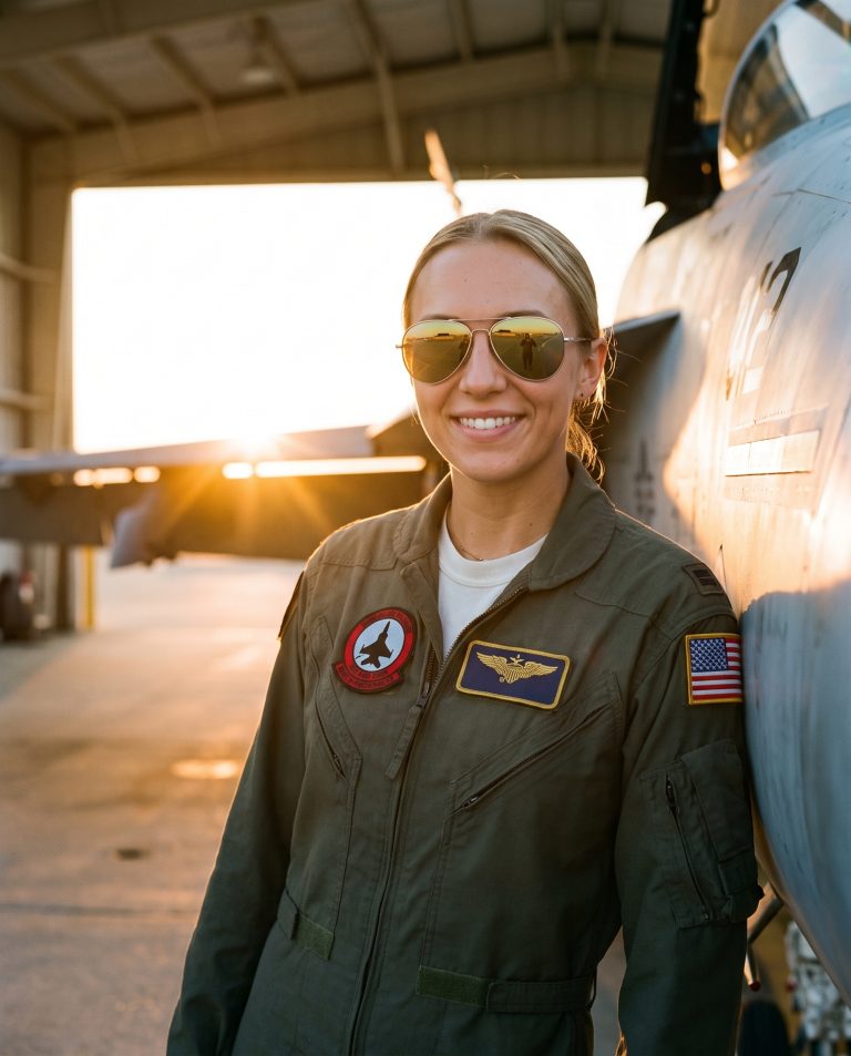 A guest leans against the fuselage of a fighter jet parked on an open tarmac at the last minutes of golden hour.