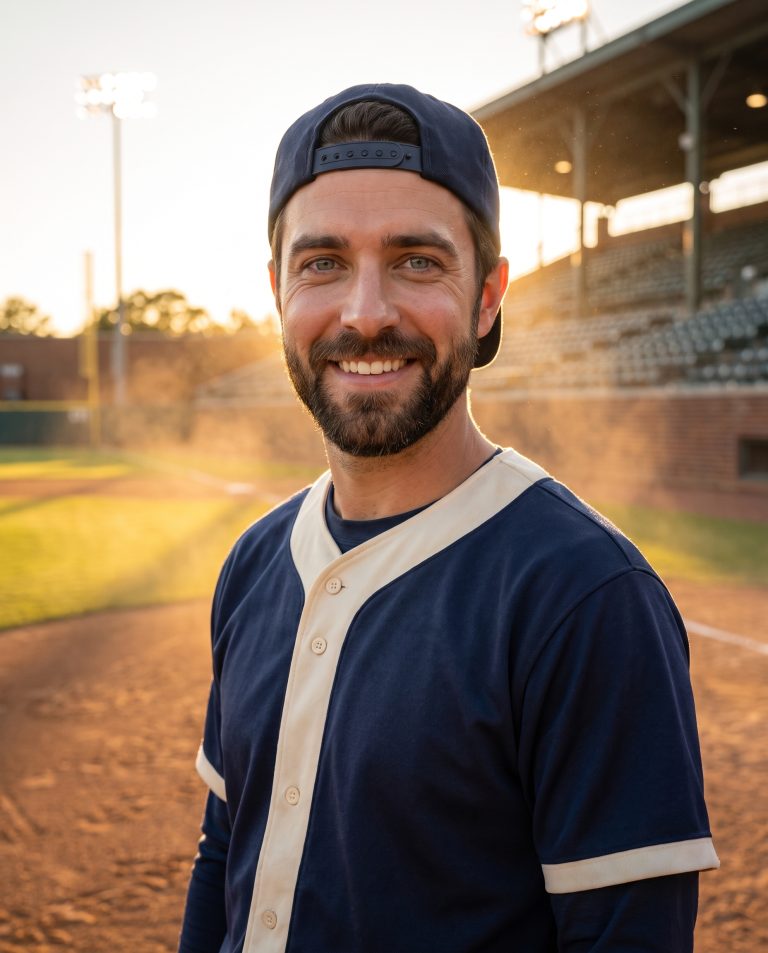 A guest stands on the infield dirt of a classic ballpark in the last hour of daylight, crisp white chalk lines.