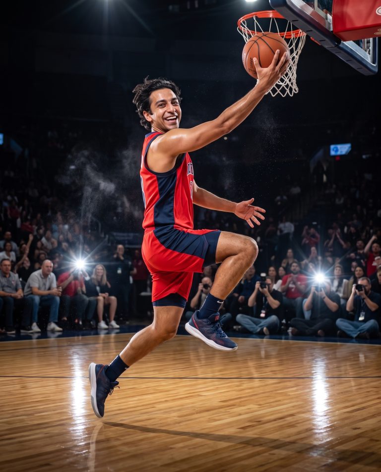 A guest is captured mid-air in a driving layup above gleaming hardwood in a darkened arena.