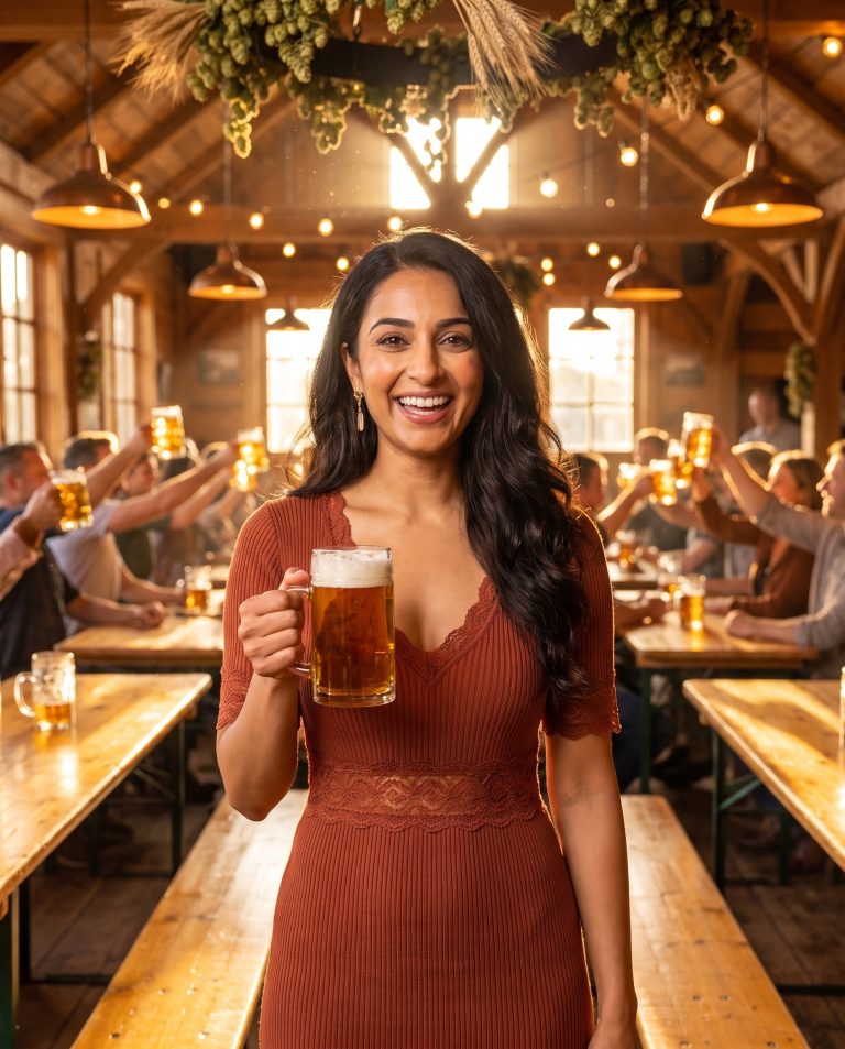 A guest stands in a vast timber beer hall at golden hour, long communal tables stretching away.