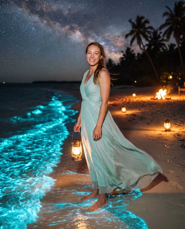 A guest stands barefoot at the edge of a tropical shore at night where the breaking waves glow electric turquoise.