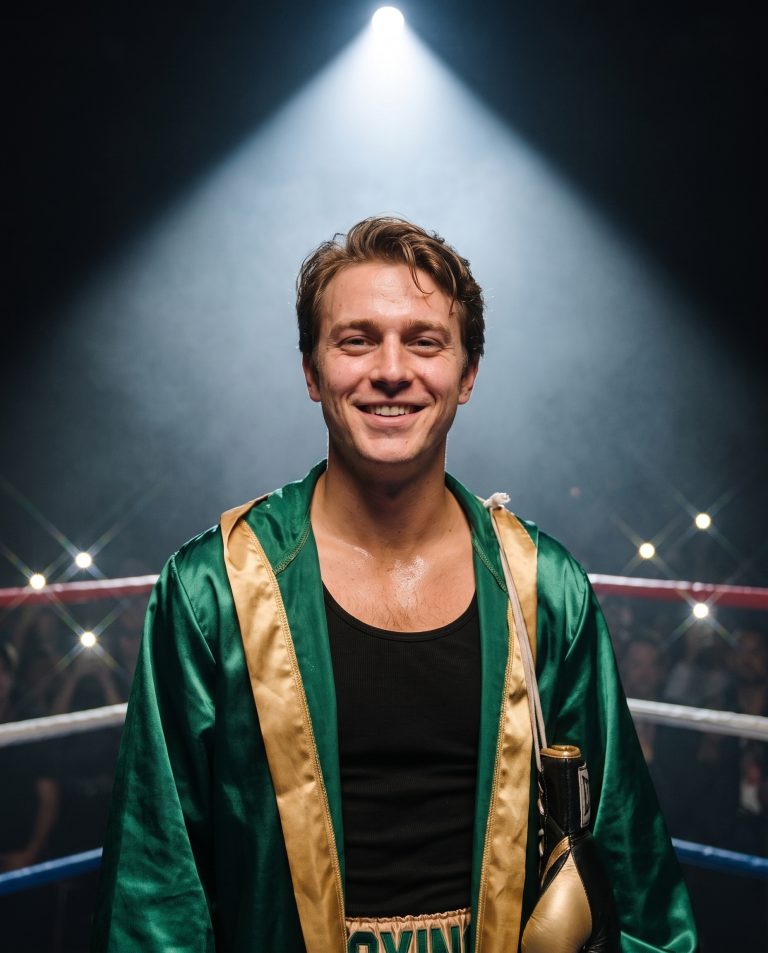 A guest stands at the center of a boxing ring under a single hard overhead spotlight.