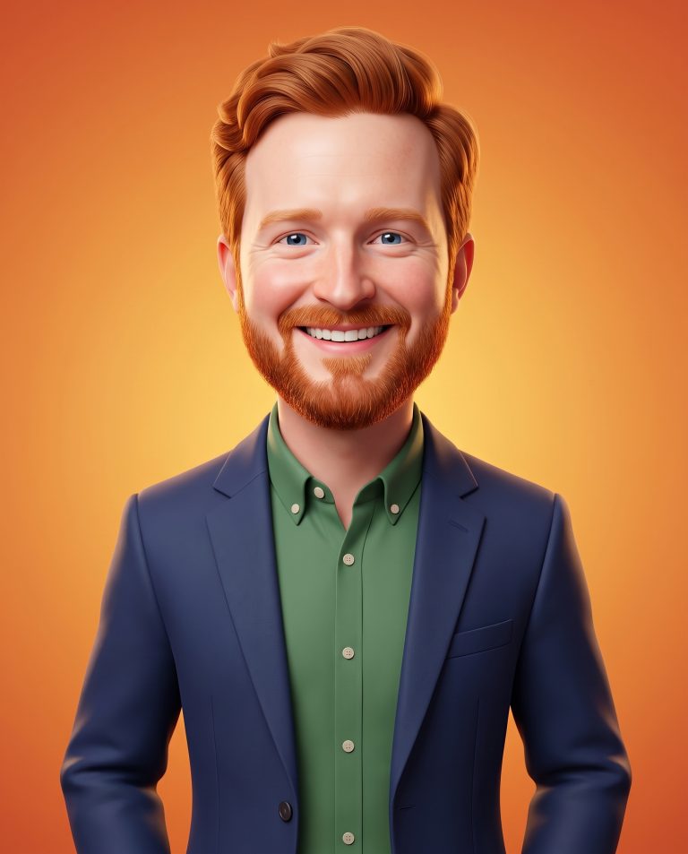 A guest is rendered as a polished 3D caricature, head scaled up to roughly one third of the total body height.
