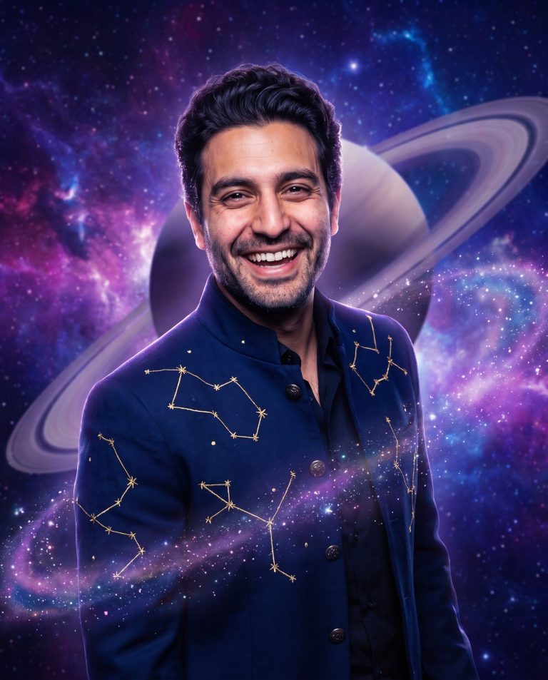 A guest floating at the center of a vast cosmic expanse of swirling violet and gold starlight.