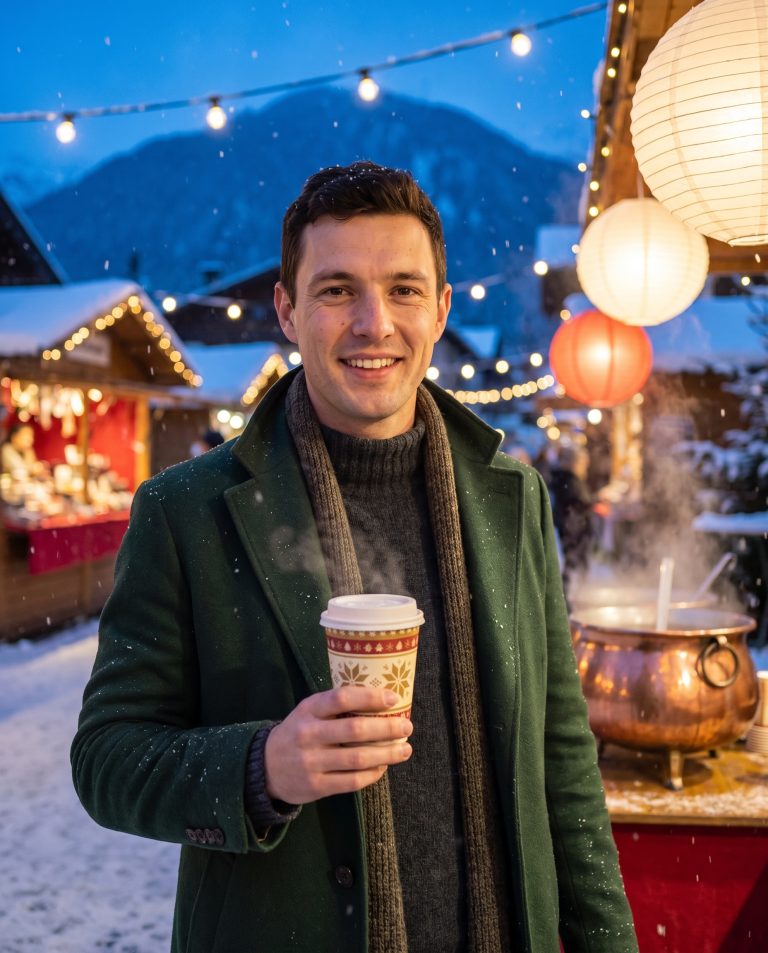 A guest stands in a snowy alpine village market at dusk.