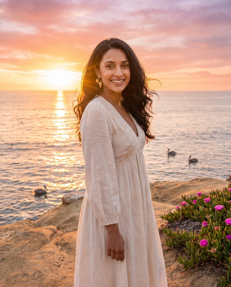 A guest stands on a sandstone bluff above the Pacific at sunset.