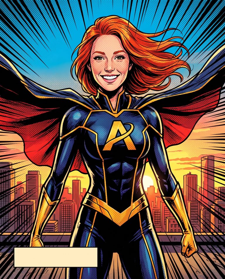 A guest drawn as the hero of a comic book splash page in bold graphic ink linework and flat color.