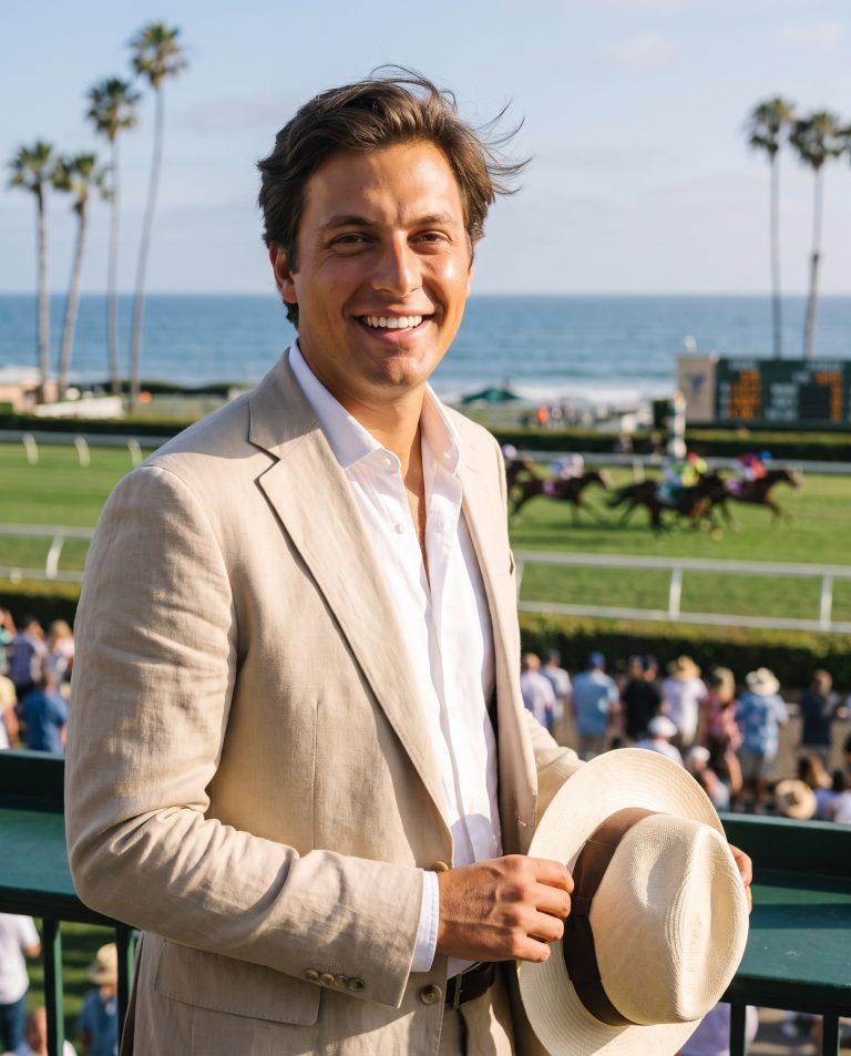 A guest stands trackside at a seaside horse-racing meet on opening day, a manicured green turf course.
