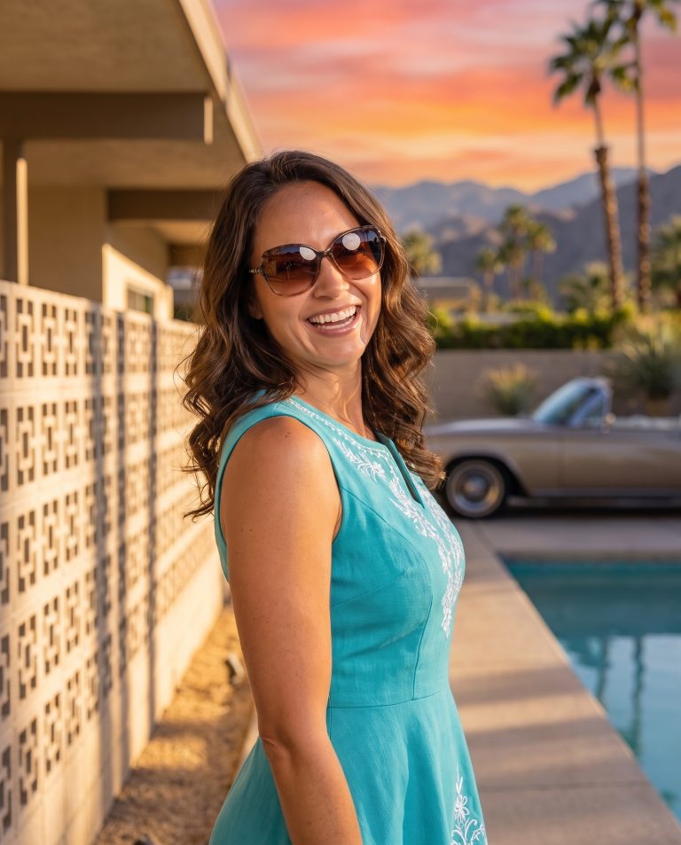 A guest stands beside a midcentury modern desert house at golden hour, clean flat rooflines.