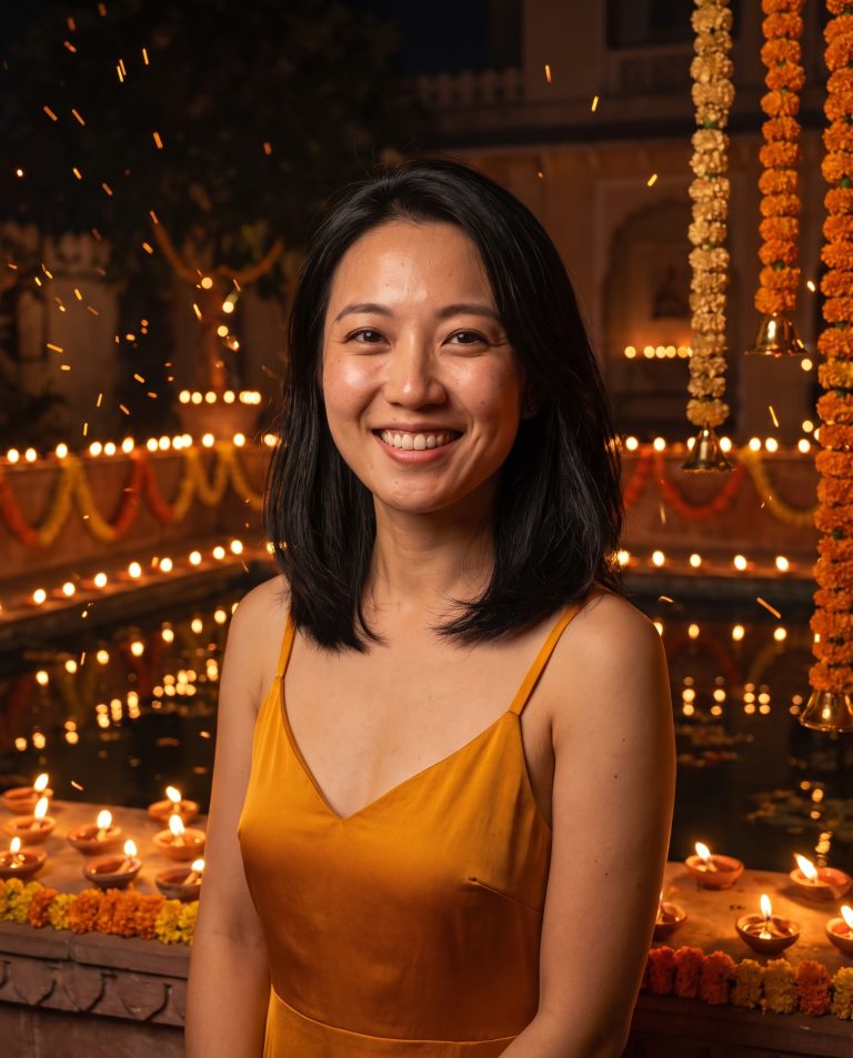 A guest in an open courtyard at night lined with hundreds of small clay oil lamps and marigold garlands.