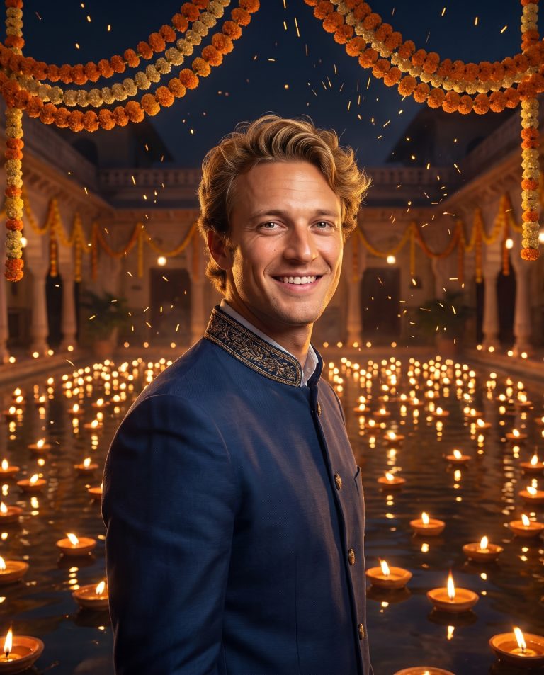 A guest in an open courtyard at night lined with hundreds of small clay oil lamps and marigold garlands.