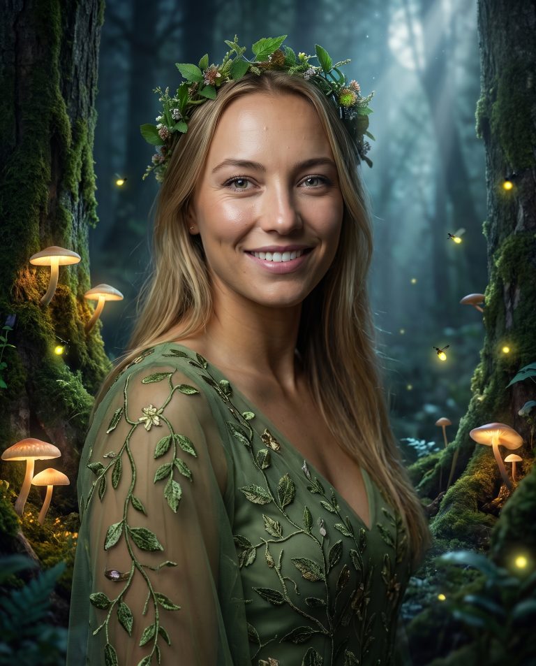 A guest stands in a deep ancient forest at night, transformed into something enchanted, colossal moss-covered trees.
