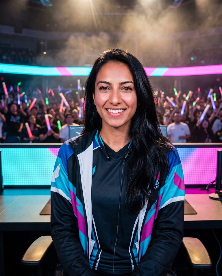 A guest sits at a sleek competition station at the center of a packed esports arena.