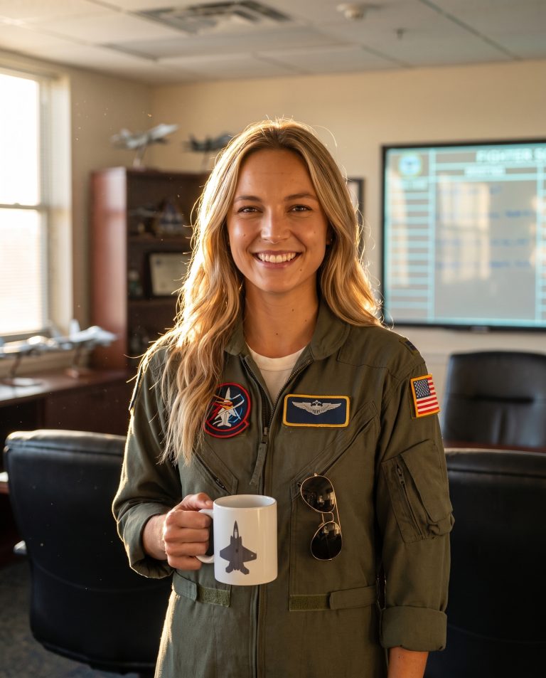 A guest stands in a fighter squadron ready room, rows of high-backed briefing chairs.