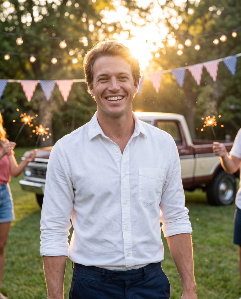 A guest stands on a small-town main street or open lawn at golden hour on a summer holiday, bunting in faded red.