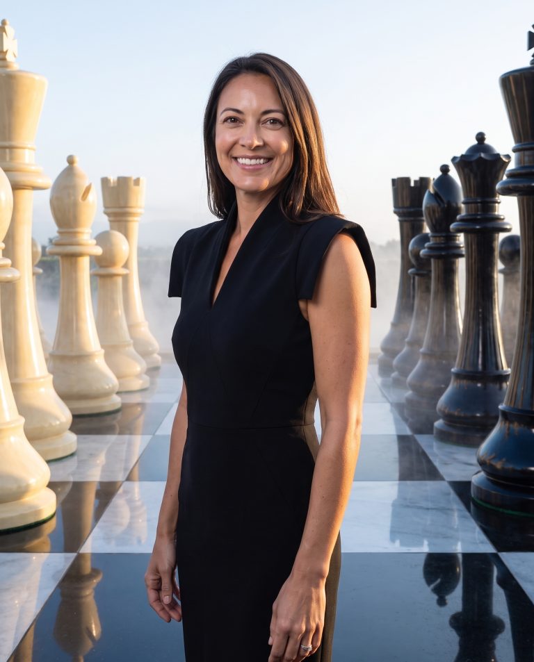 A guest stands on an enormous polished chessboard stretching away to the horizon under a vast dawn sky.