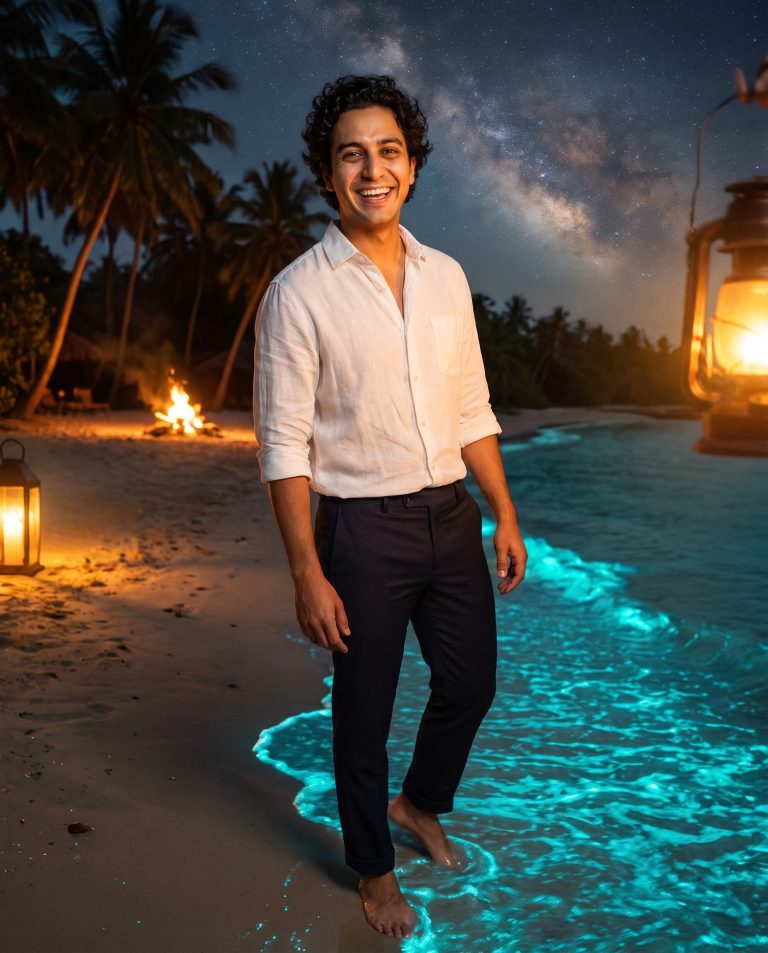A guest stands barefoot at the edge of a tropical shore at night where the breaking waves glow electric turquoise.