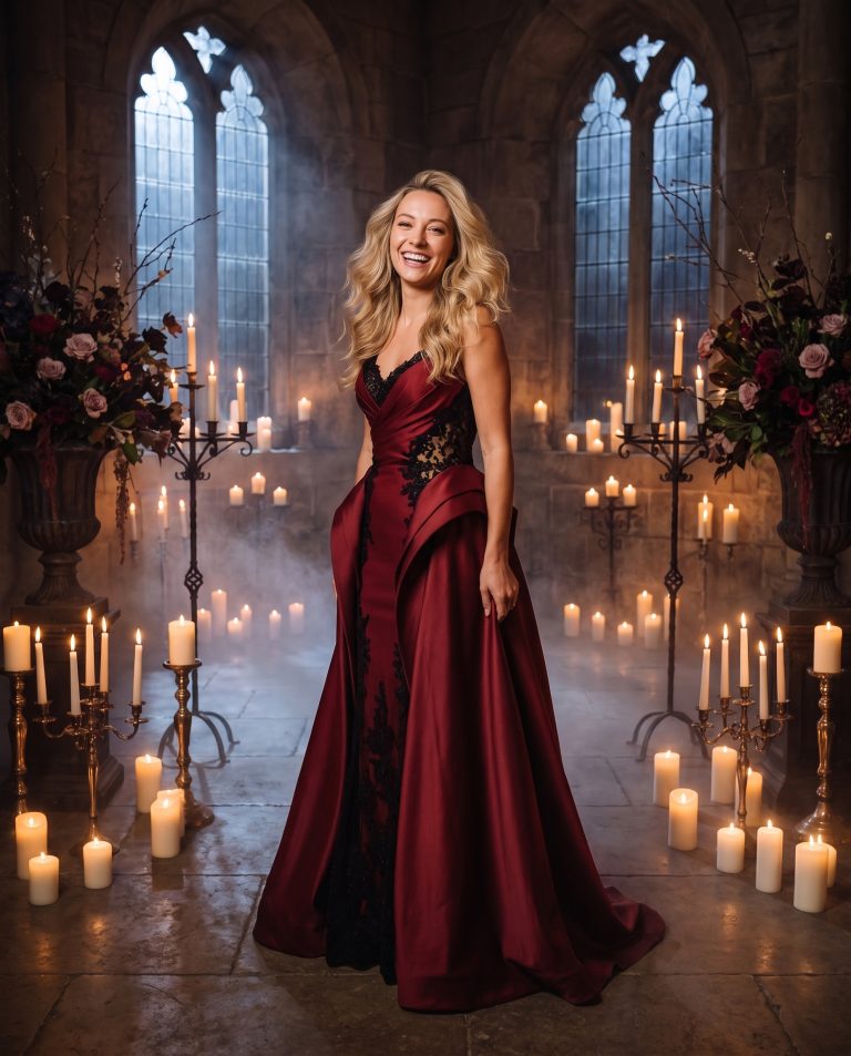 A guest stands in a grand candlelit hall on an October night, hundreds of ivory candles in tall wrought-iron holders.