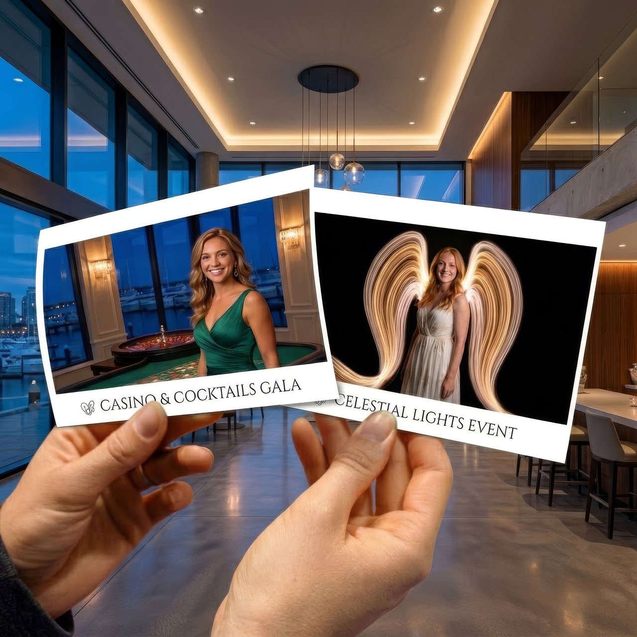 Two hands holding a pair of printed photos, one of a guest at a roulette table captioned Casino and Cocktails Gala and one of a guest with light-painted wings captioned Celestial Lights Event, in a waterfront venue at dusk