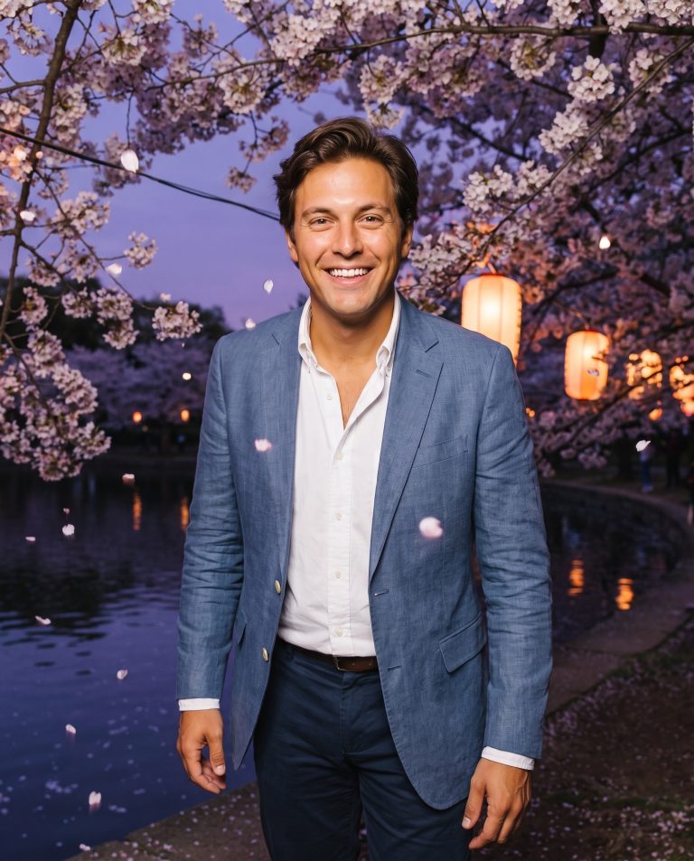 A guest stands beneath a canopy of cherry trees in full bloom at dusk.