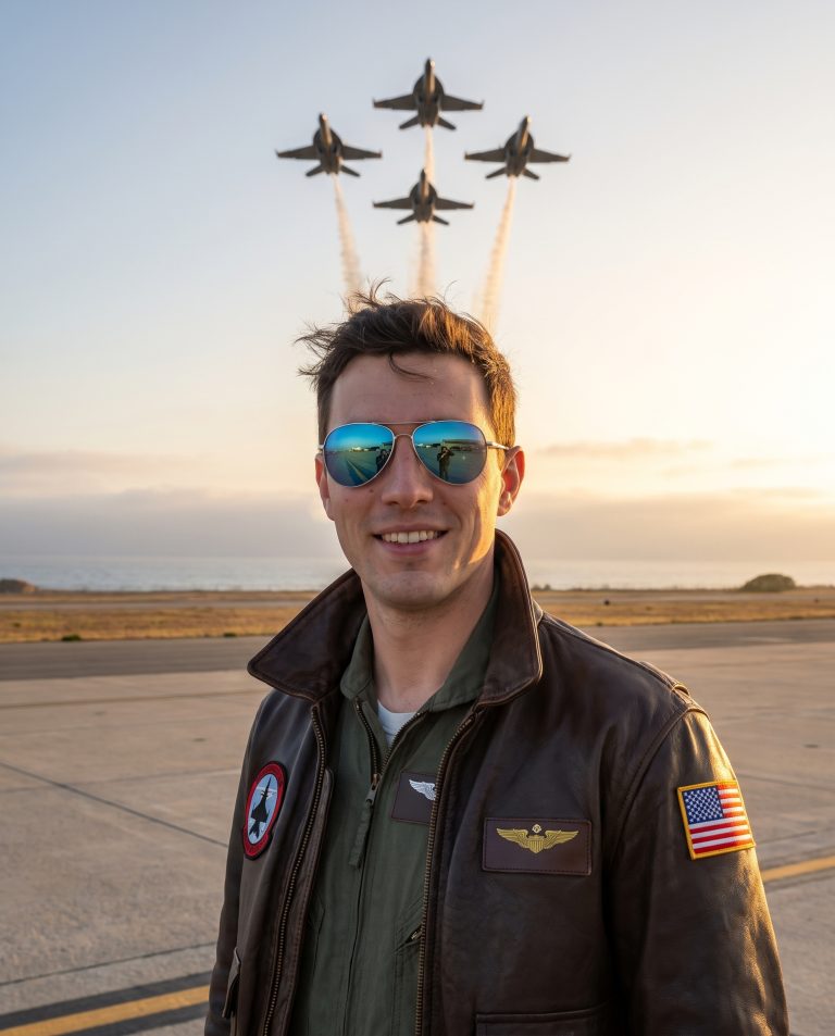 A guest stands on an open coastal airfield apron looking toward camera as four fighter jets rip past in tight diamond.