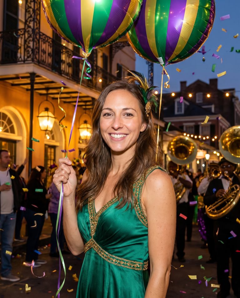 A guest in a feathered carnival headdress on a warm evening street beneath ornate iron balconies.