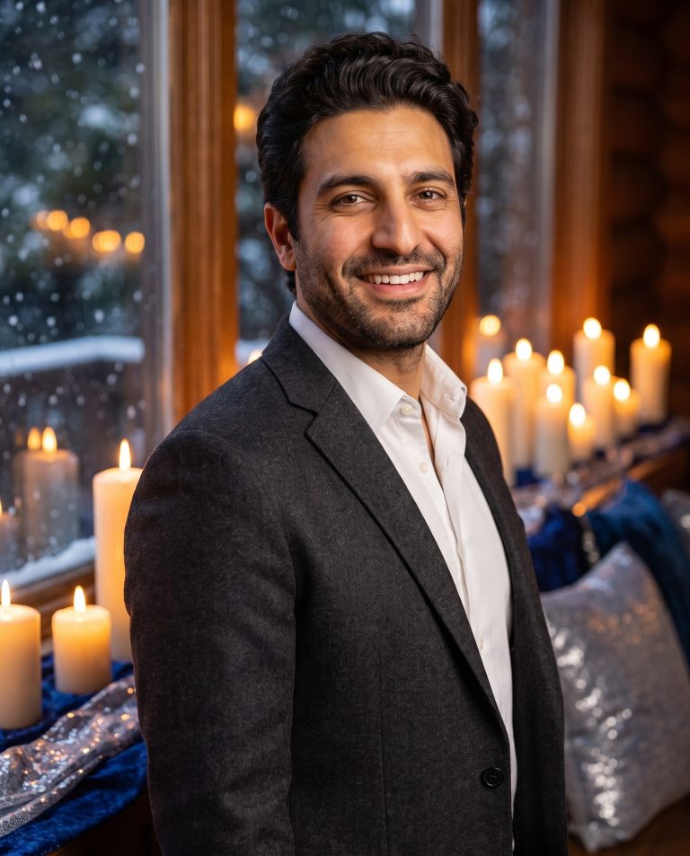 A guest in a warm elegant interior beside a branched candelabrum, its candles lit and glowing.