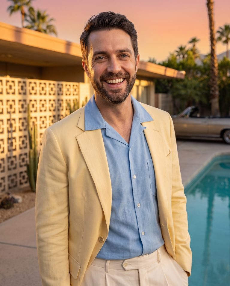 A guest stands beside a midcentury modern desert house at golden hour, clean flat rooflines.