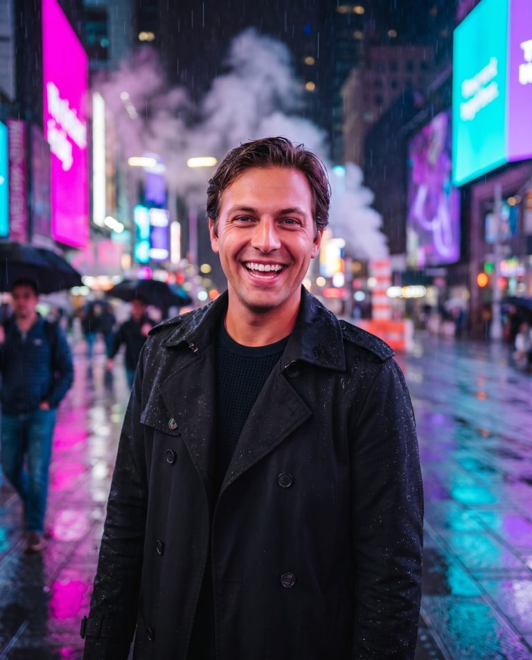 A guest stands on a narrow rain-soaked city street at midnight.
