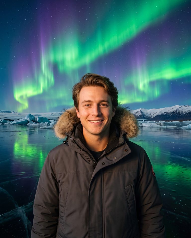 A guest stands on a vast frozen lake under a sky torn open by the aurora borealis.