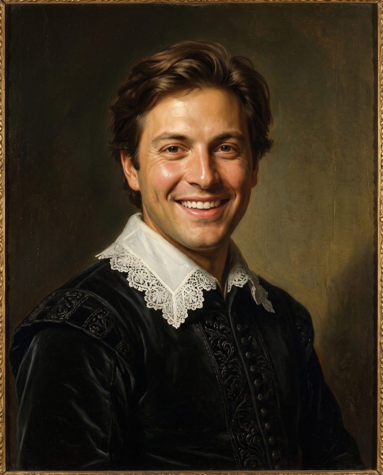 A guest painted as a museum-quality Old Master oil portrait in period velvet, lit in deep chiaroscuro.