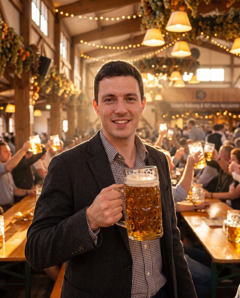 A guest stands in a vast timber beer hall at golden hour, long communal tables stretching away.
