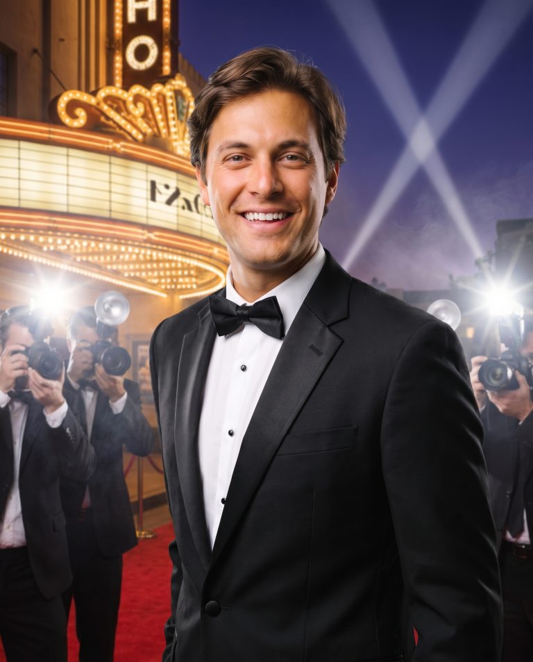 A guest stands on a crimson carpet at a grand film premiere.