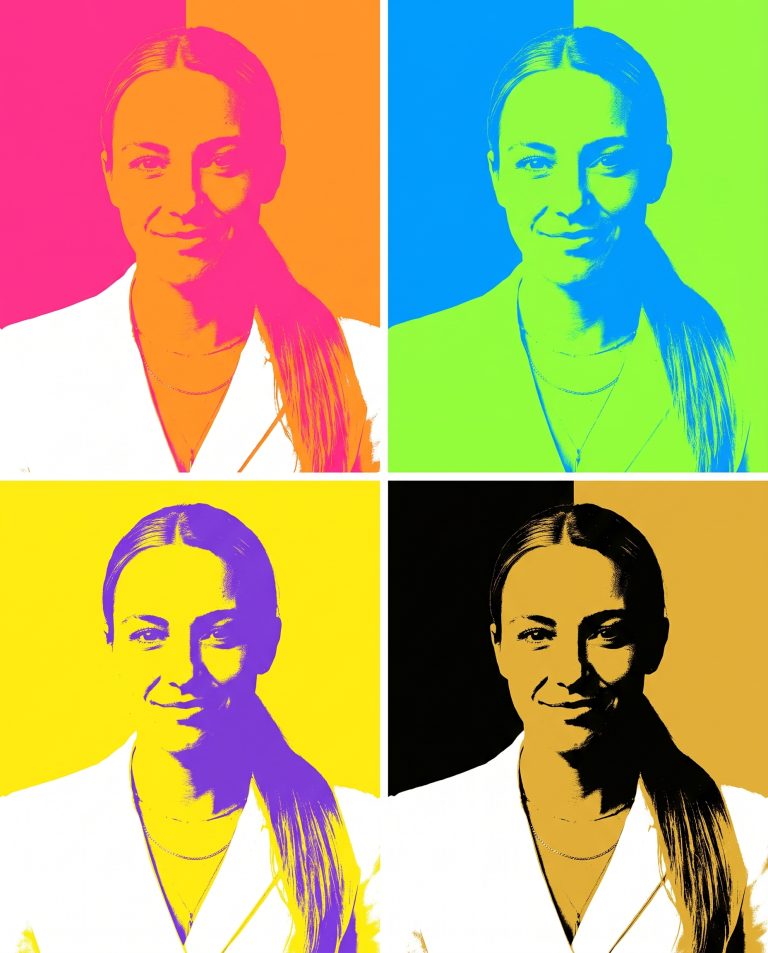 A guest's portrait repeated in a two-by-two grid, each panel screenprinted in a different bold flat colorway.