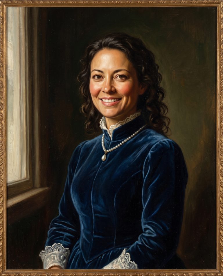 A guest painted as a museum-quality Old Master oil portrait in period velvet, lit in deep chiaroscuro.