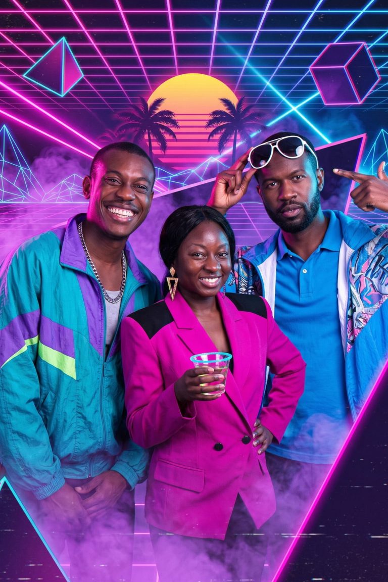 Three guests in color-block windbreakers and a magenta blazer with shoulder pads pose in front of a neon grid and a striped sunset