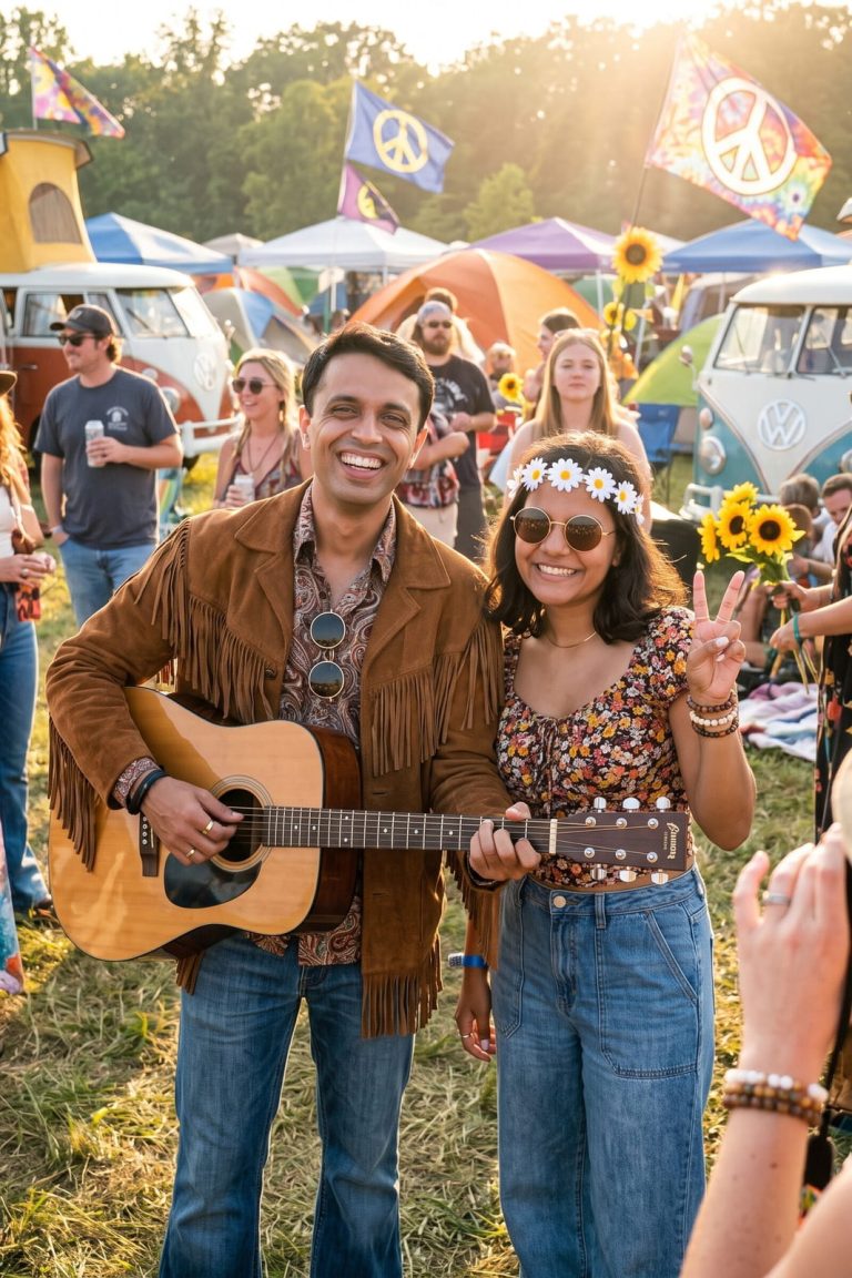 A guest in a fringed suede jacket holds an acoustic guitar beside a guest in a daisy crown flashing a peace sign at an outdoor music festival