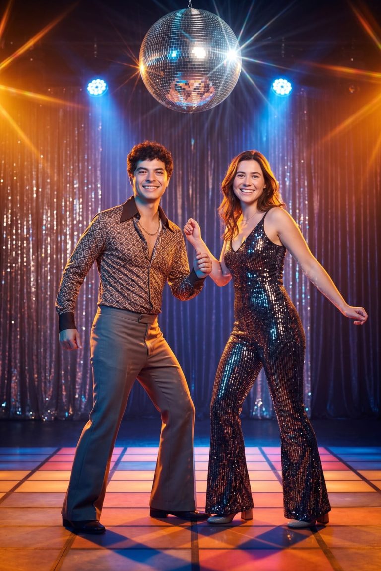 Two guests dance under a mirror ball, one in a patterned shirt and flared trousers and one in a sequin jumpsuit