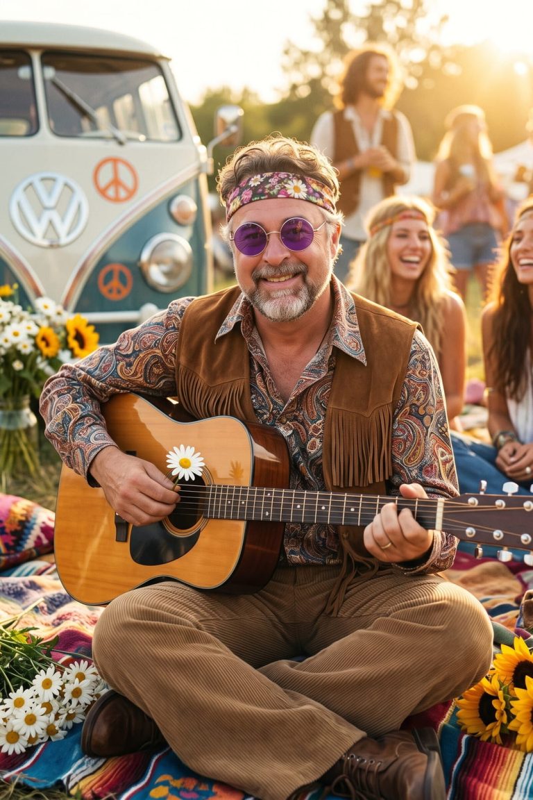 A guest in a paisley shirt, fringed vest, headband and round purple glasses plays an acoustic guitar on a blanket beside a camper van