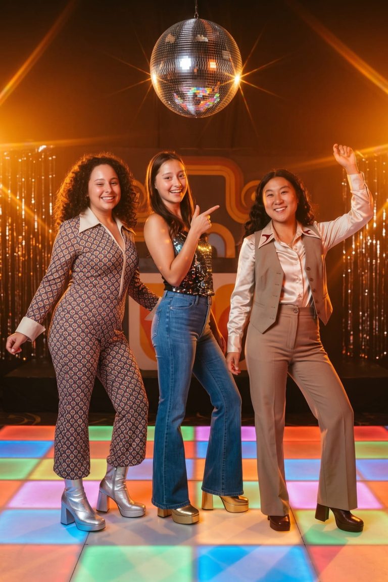 Three guests in a patterned jumpsuit, a sequin top and flared jeans, and a satin shirt with a vest dance on a light-up floor under a mirror ball