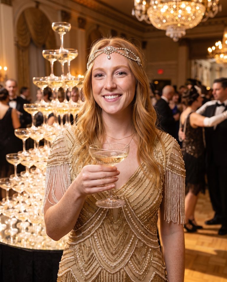 A guest is inside a soaring Art Deco ballroom at the height of a glittering party.