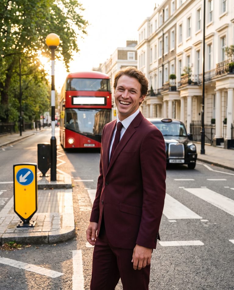 A guest stands on a leafy London street at golden hour.