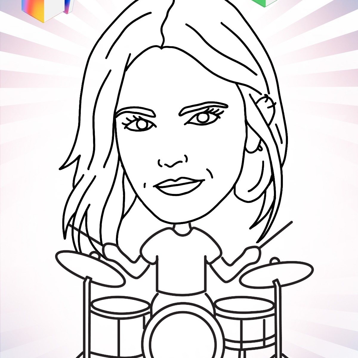 A pen-line caricature of a smiling woman playing a drum kit, drawn in one continuous outline