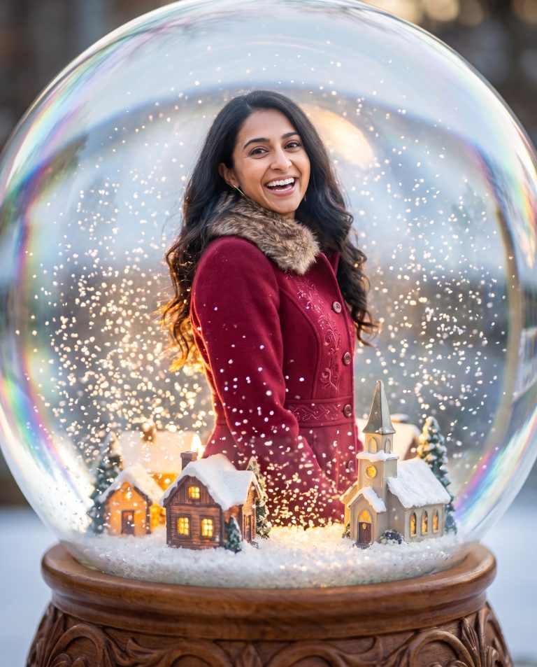 A guest stands at the center of a giant glass snow globe, seen from just outside the curved glass.